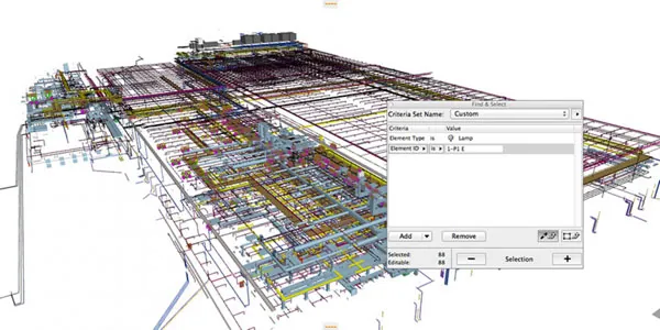 3D BIM model showing coordination of technical installations within a building.